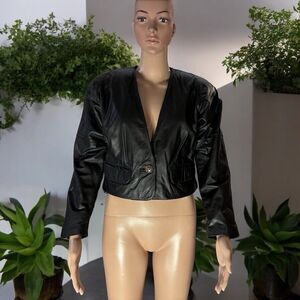 Vtg 80's Evan Davies black leather cropped jacket Size 6 2 Front Pockets,Korea
